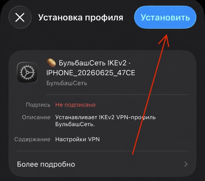 Кнопка Установить профиль на iPhone